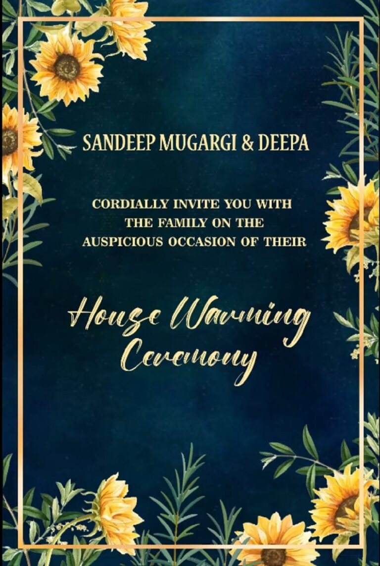 Modern House Warming Invitation Glittering Blue Backdrop Bright Sunflowers
