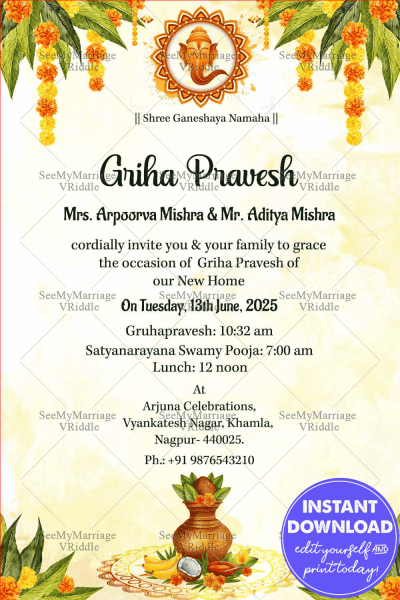 Ganesha Cream Housewarming Invitation Card Traditional Floral Accents ...