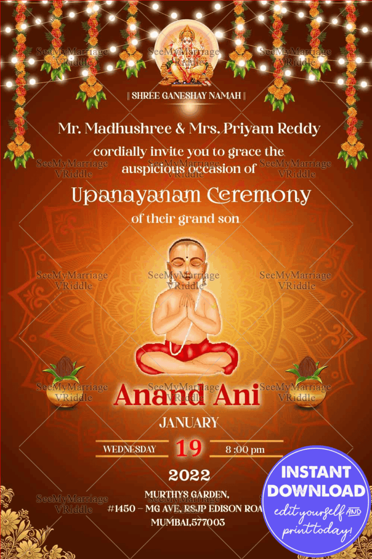 Thread Ceremony Invitation Card Auspicious Orange Red Gold Flowers
