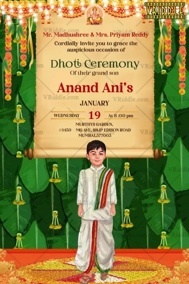 Traditional Boy Grand Dhoti Invitation Card Banana Leaf Background