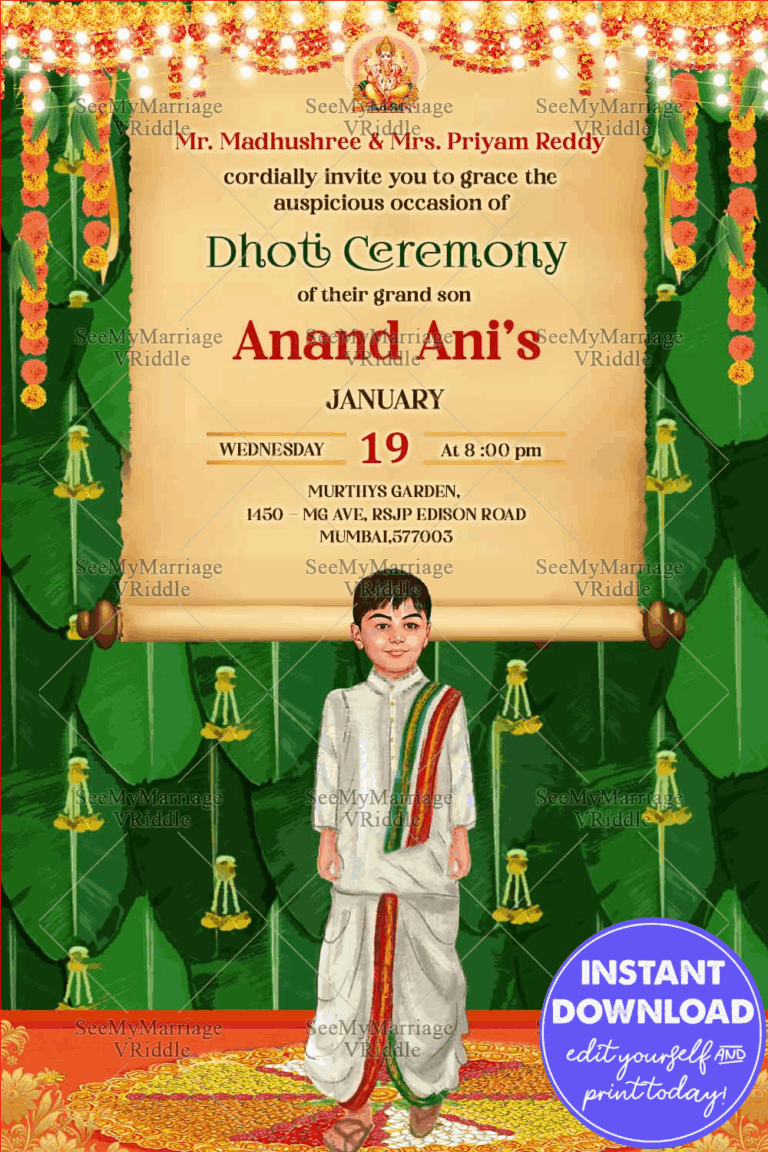 Traditional Boy Grand Dhoti Invitation Card Banana Leaf Background