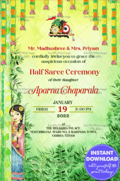 Traditional Girl Half Saree Invitation Card Watercolour Theme