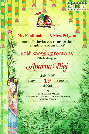 Traditional Girl Half Saree Invitation Card Watercolour Theme