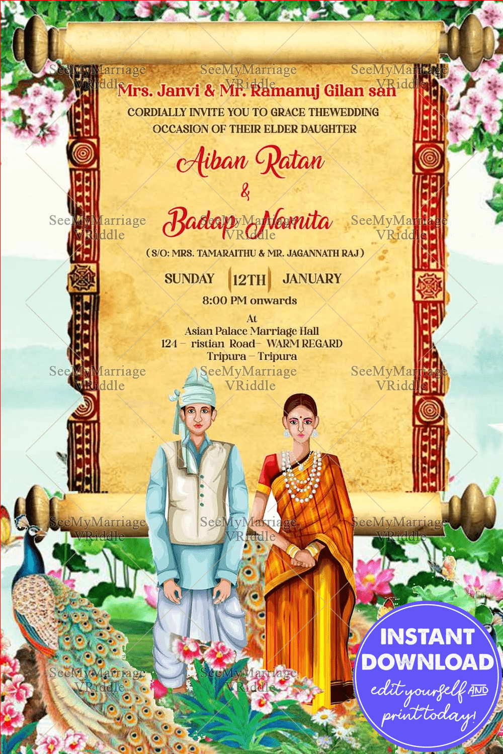 Traditional Tripura Wedding Invitation Card Scroll Theme