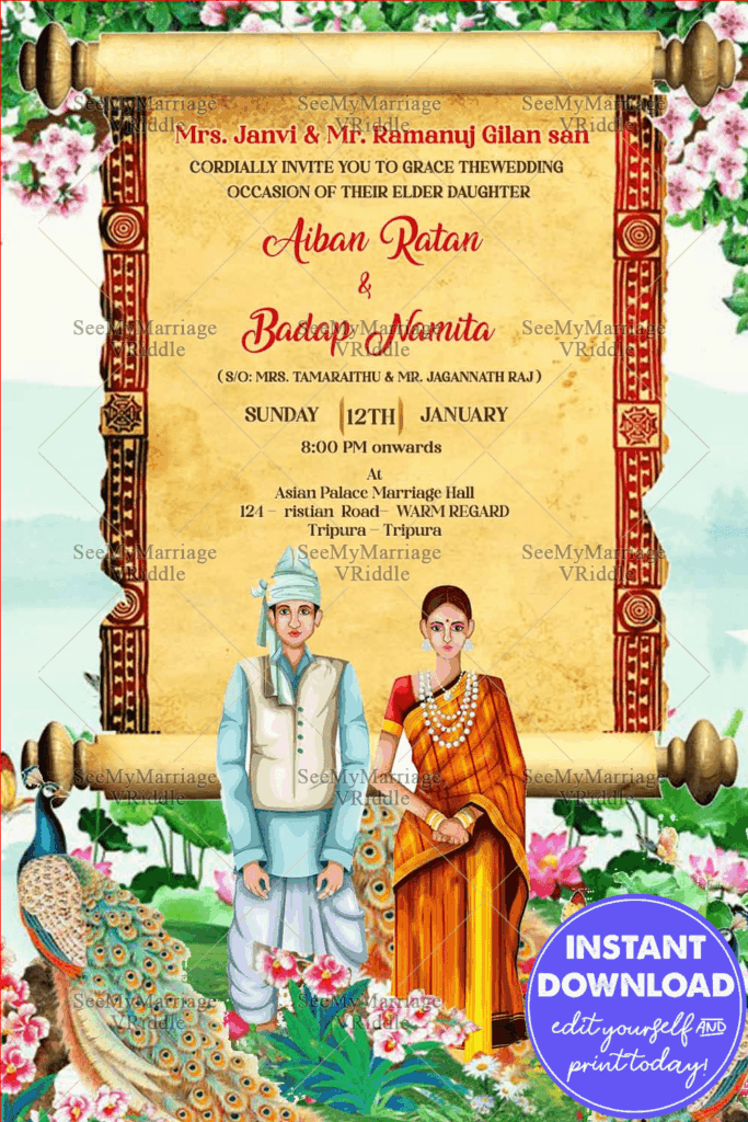 Traditional Tripura Wedding Invitation Card Scroll Theme