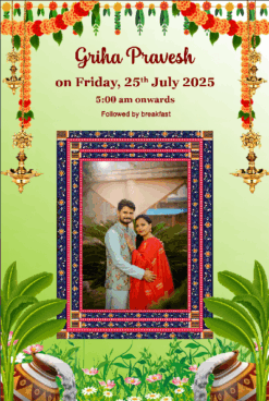 Traditional green Theme housewarming Invitation Grand Ganesha Add Photo