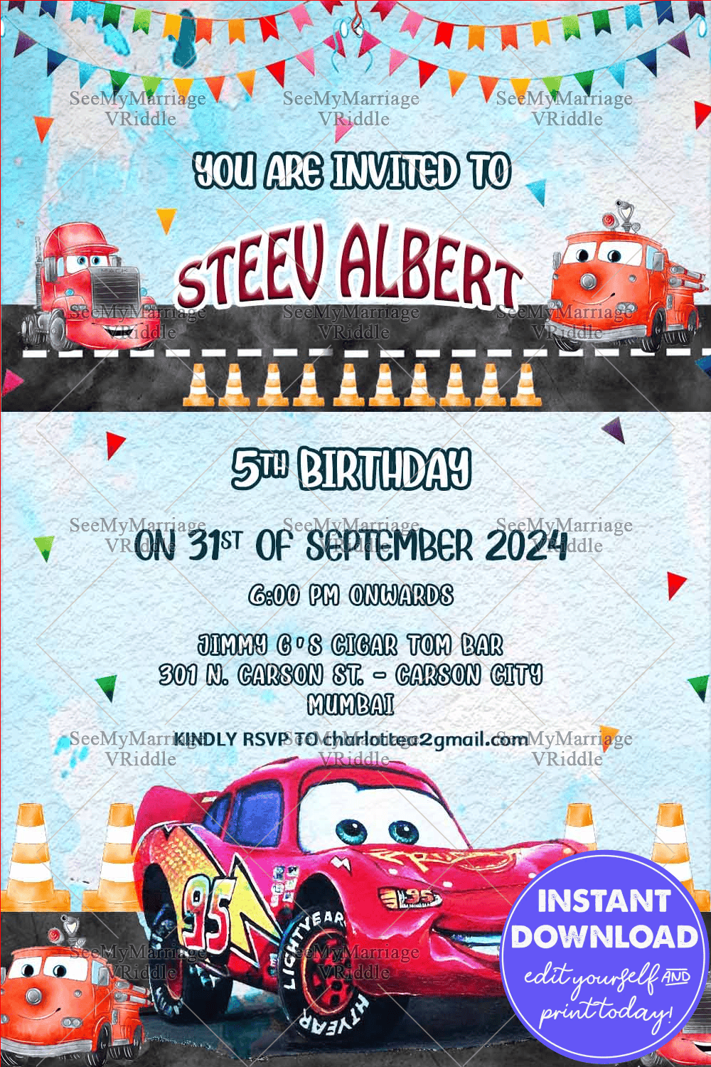 Cars Friends Theme Birthday Invitation Card Lightening McQueen