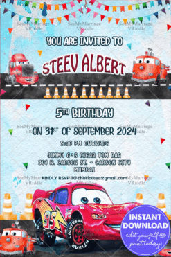Cars Friends Theme Birthday Invitation Card Lightening McQueen