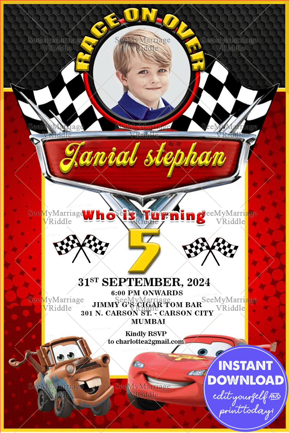 Cars Theme Birthday Invitation Add Photo McQueen Mater