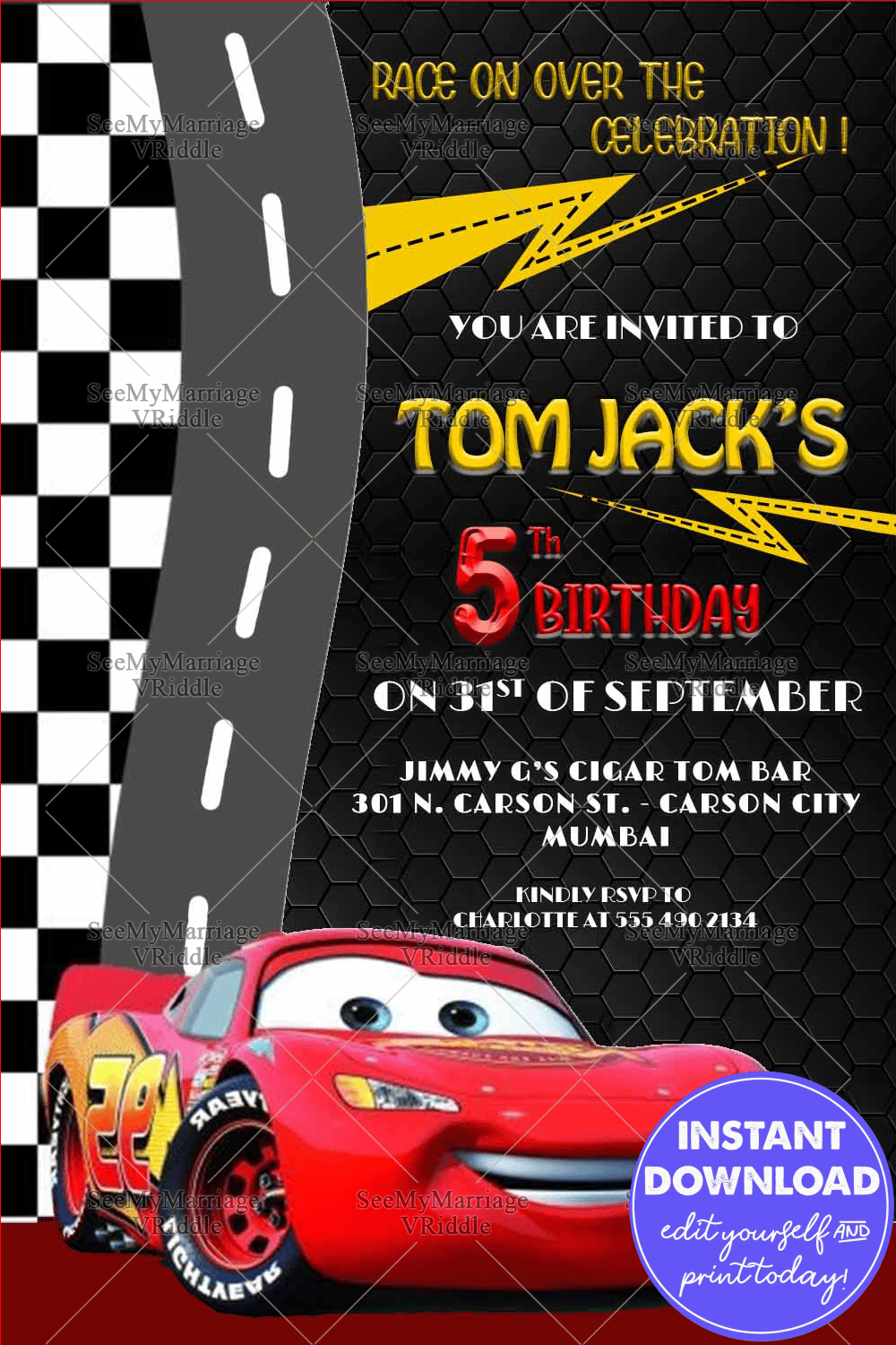 Cars Theme Birthday Invitation Racing Track Lightning McQueen