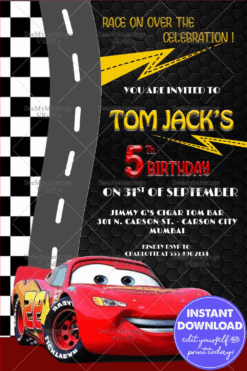 Cars Theme Birthday Invitation Racing Track Lightning McQueen