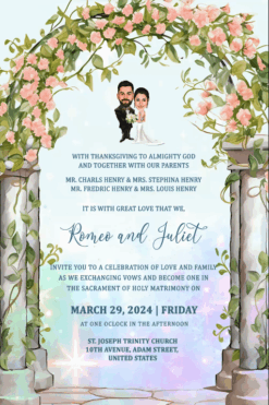 Christian Caricature Save The Date Wedding Invitation Video Pink Floral Bower