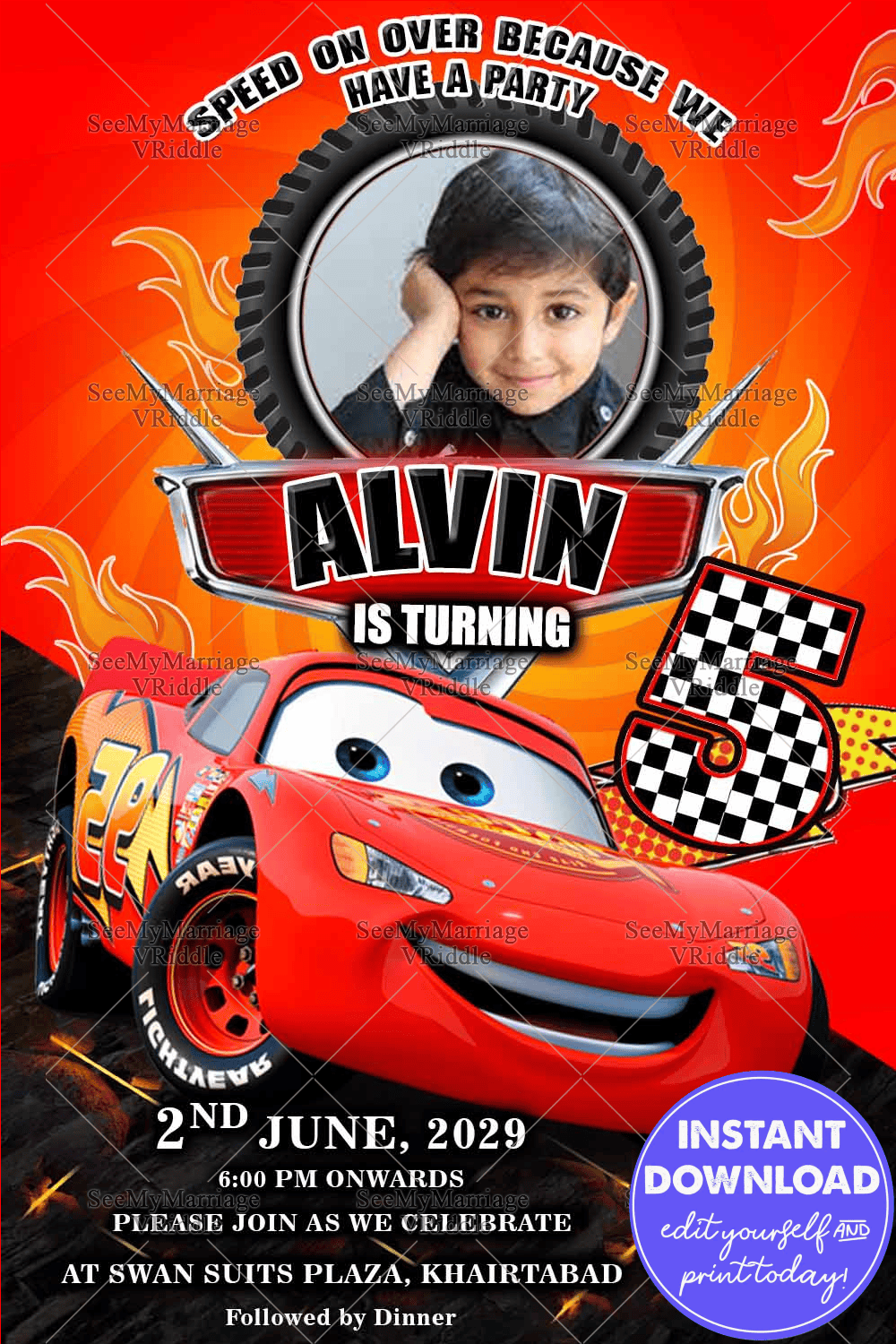 Lightening Macqueen Birthday Invitation Card Cars Theme Add Photo