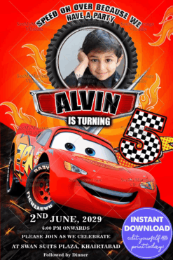 Lightening Macqueen  Birthday Invitation Card Cars Theme Add Photo