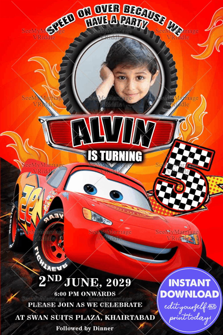 Lightening Macqueen  Birthday Invitation Card Cars Theme Add Photo