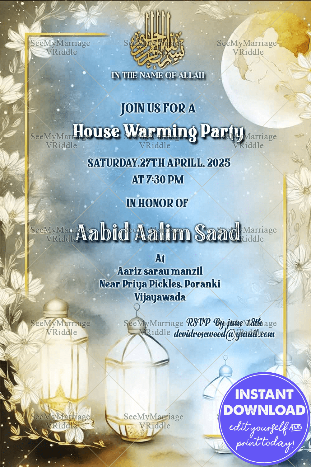 Modern Muslim Housewarming Invitation Card Auspicious Persian Lamps