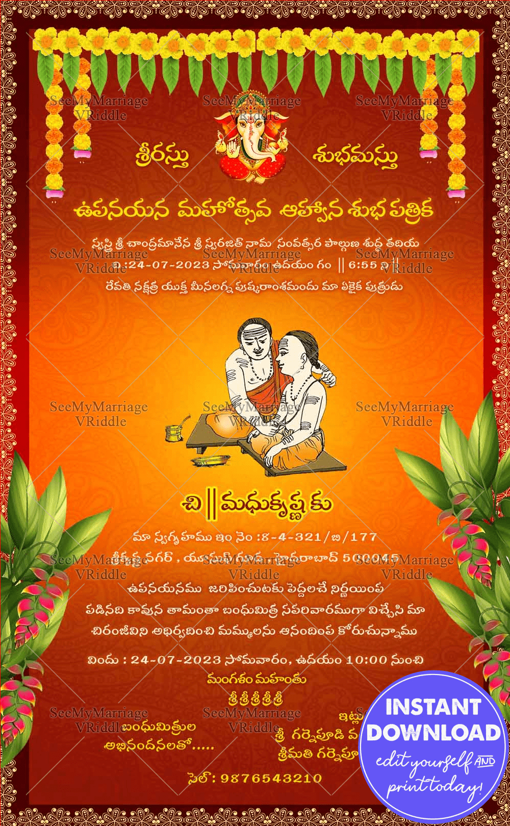 Telugu Bhramopadesham Upanayanam Invitation Card Traditional Red Theme