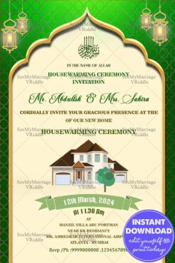 Traditional Muslim Housewarming Invitation Card Persian Lamps Green Theme