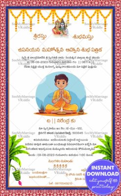 Traditional Telugu Upanayanam Ceremony Invitation Card Vedic Boy Cartoon