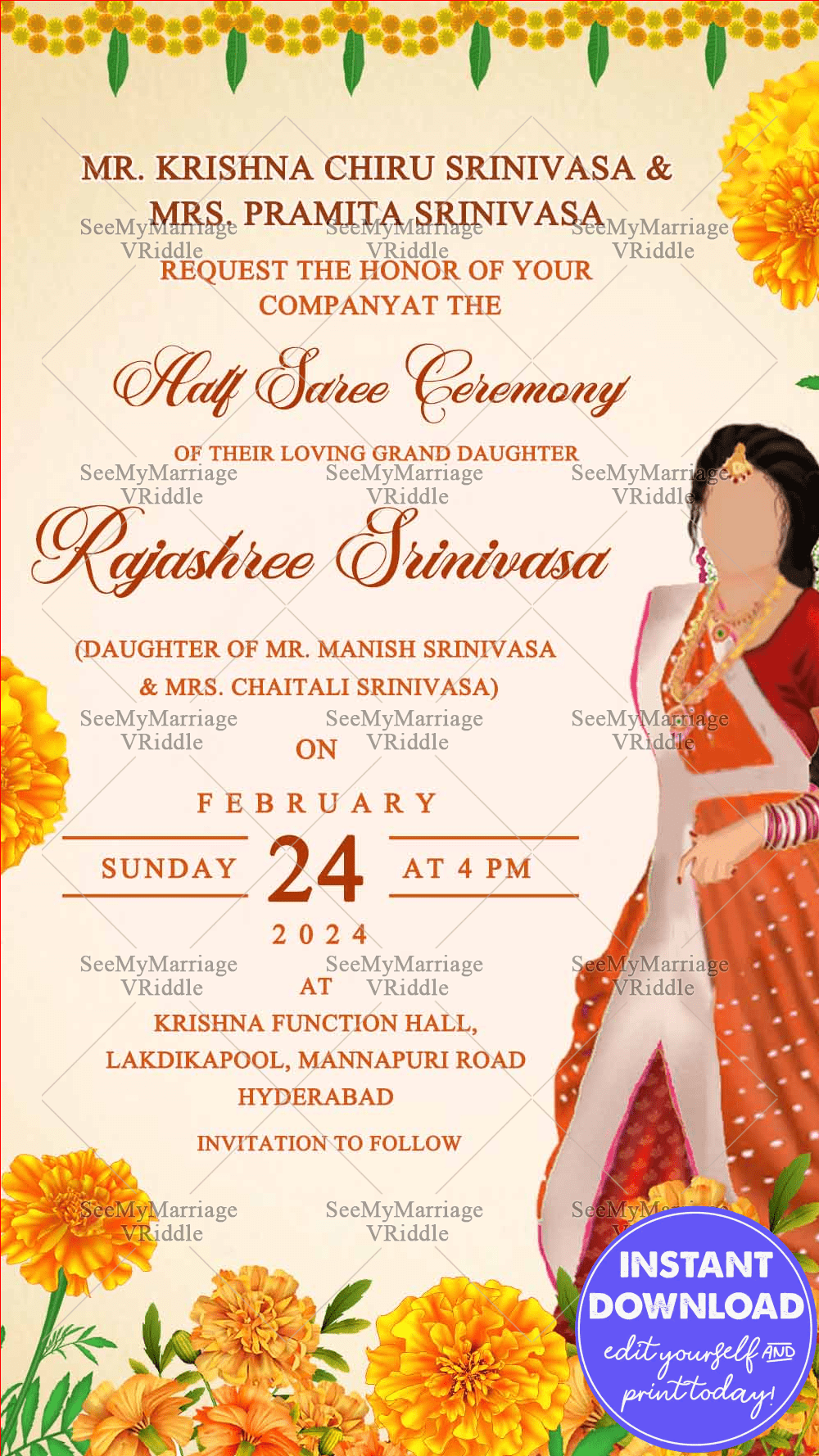 Marigold Floral Half Saree Invitation Card Illustrated Traditional Girl