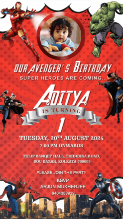 Baby Avenger 1st Birthday Invitation Video Super Hero Red Theme