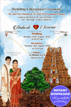 Couple Caricature Temple Wedding Invitation Card Divine Traditions