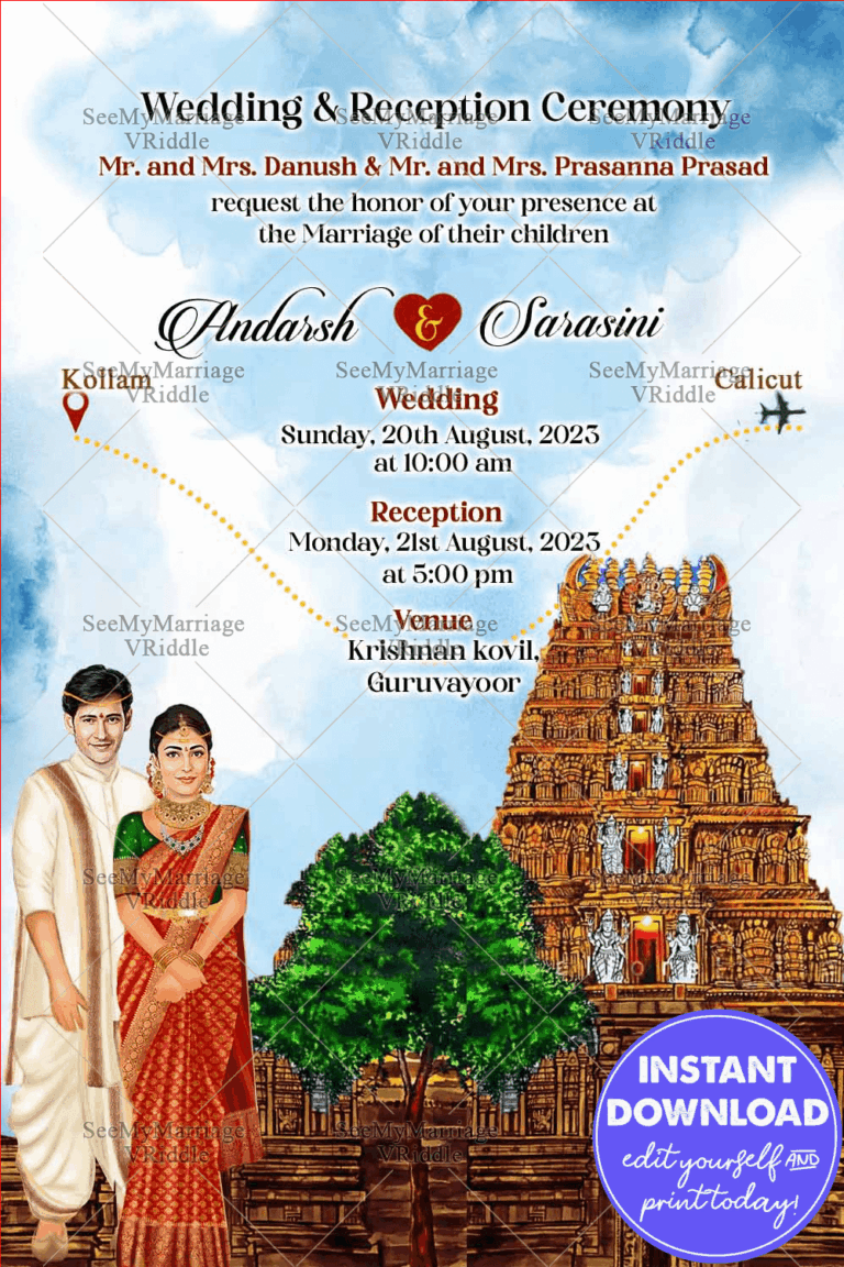 Couple Caricature Temple Wedding Invitation Card Divine Traditions