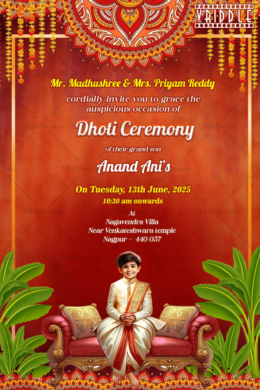 Dhoti Ceremony Invitation Card Traditional Vedic Boy In Colorful Red Bcakground