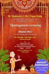 Dhoti Ceremony Invitation Card Traditional Vedic Boy In Colorful Red Bcakground