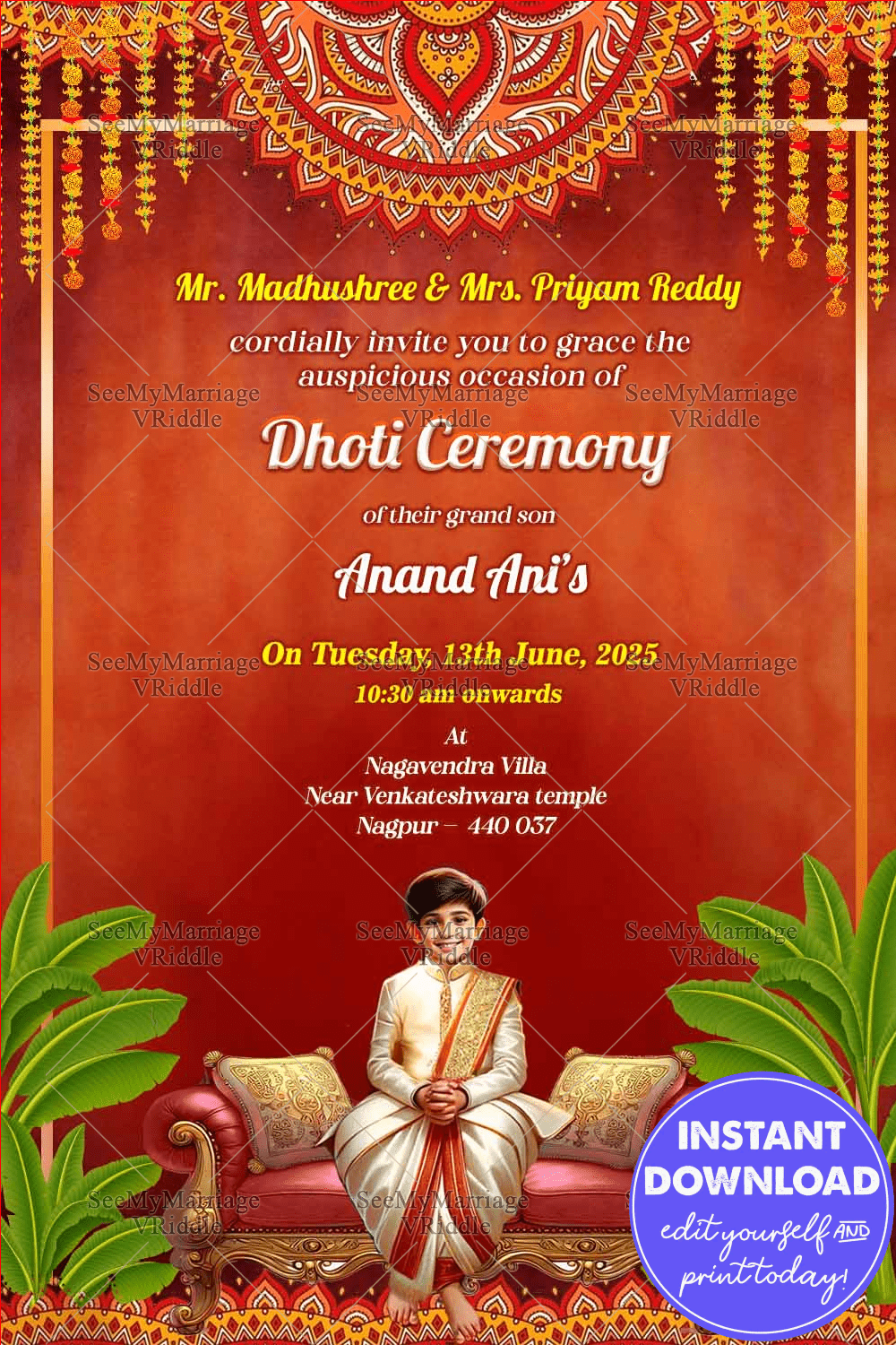 Dhoti Ceremony Invitation Card Traditional Vedic Boy In Colorful Red Bcakground