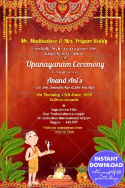 Traditional Upanayanam Ceremony Invitation Card In Colorful Red Bcakground With Vedic Boy and Banana Leaf
