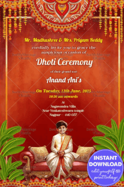 Dhoti Ceremony Invitation Card Traditional Vedic Boy In Colorful Red Bcakground