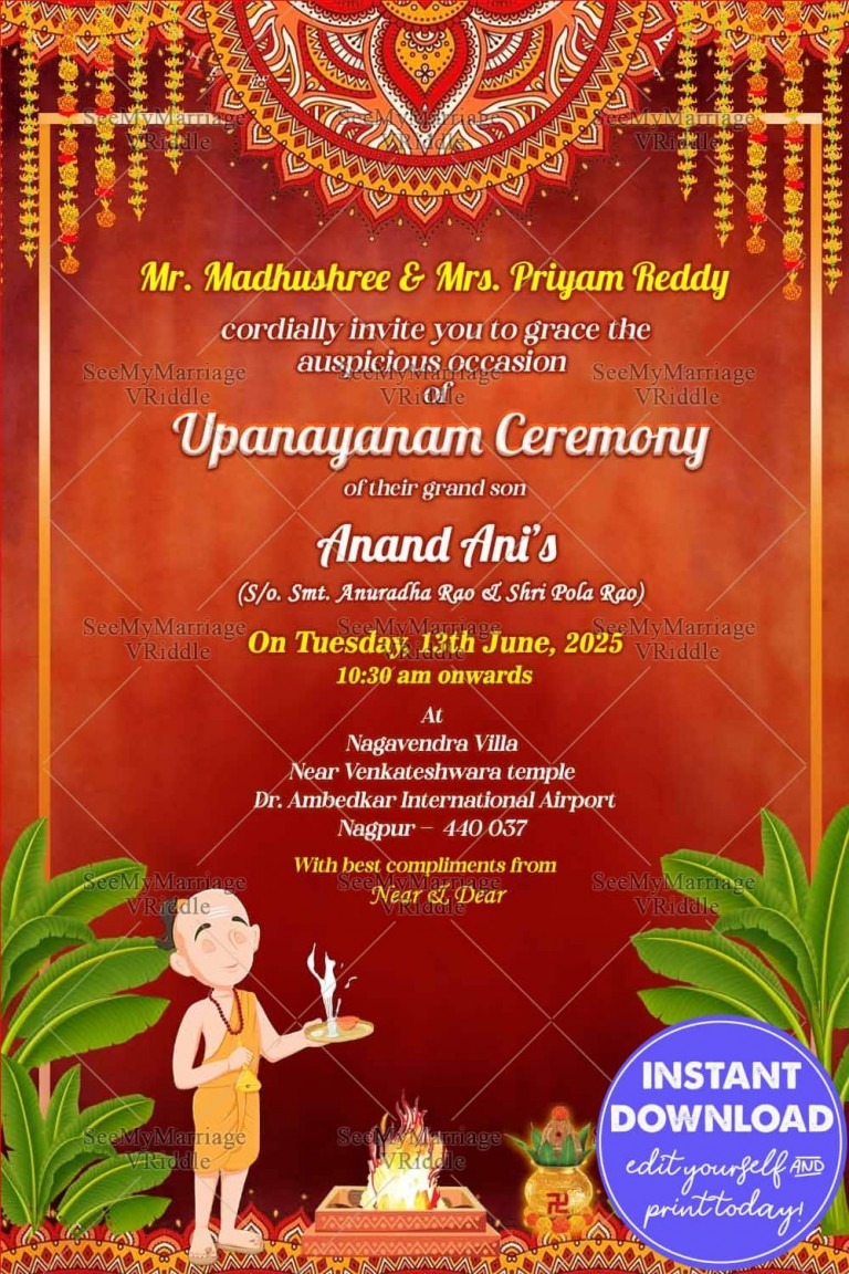 Dhoti Ceremony Invitation Card Traditional Vedic Boy In Colorful Red ...