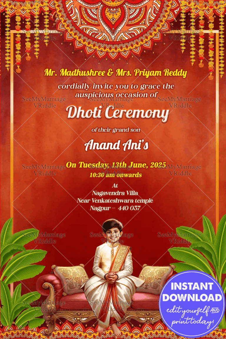Dhoti Ceremony Invitation Card Traditional Vedic Boy In Colorful Red Bcakground