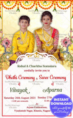 Dhoti Half Saree Invitation Card Add Photo Floral Accents