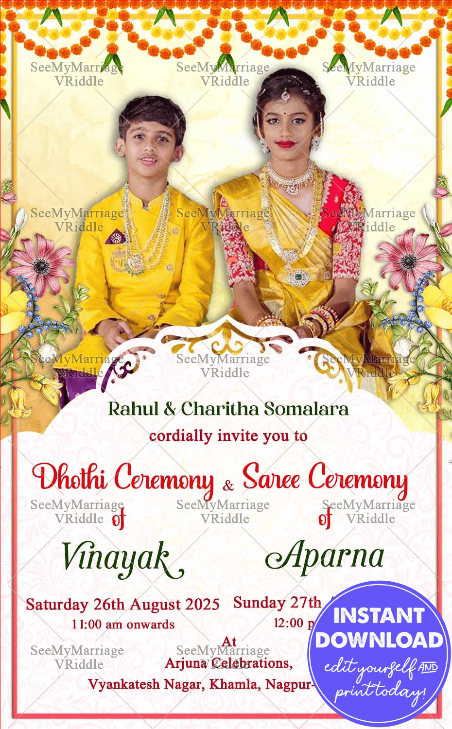 Dhoti Half Saree Invitation Card Add Photo Floral Accents