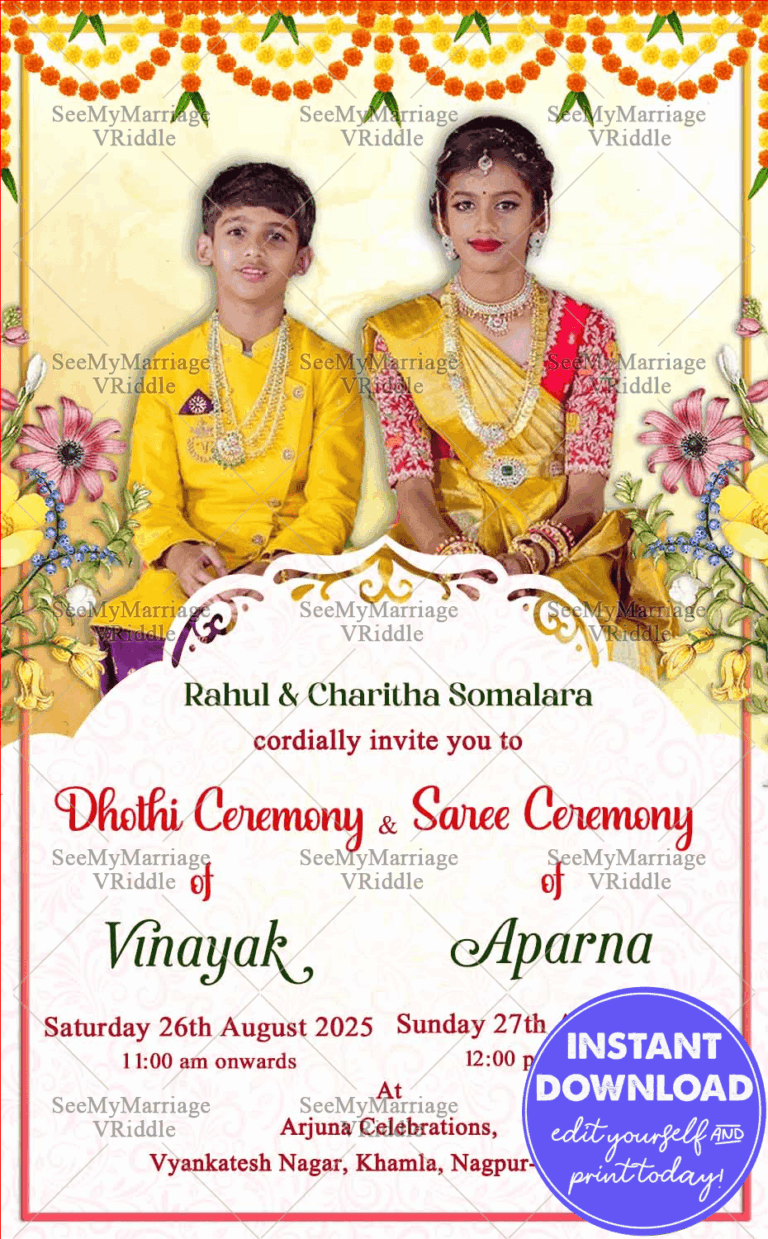 Dhoti Half Saree Invitation Card Add Photo Floral Accents