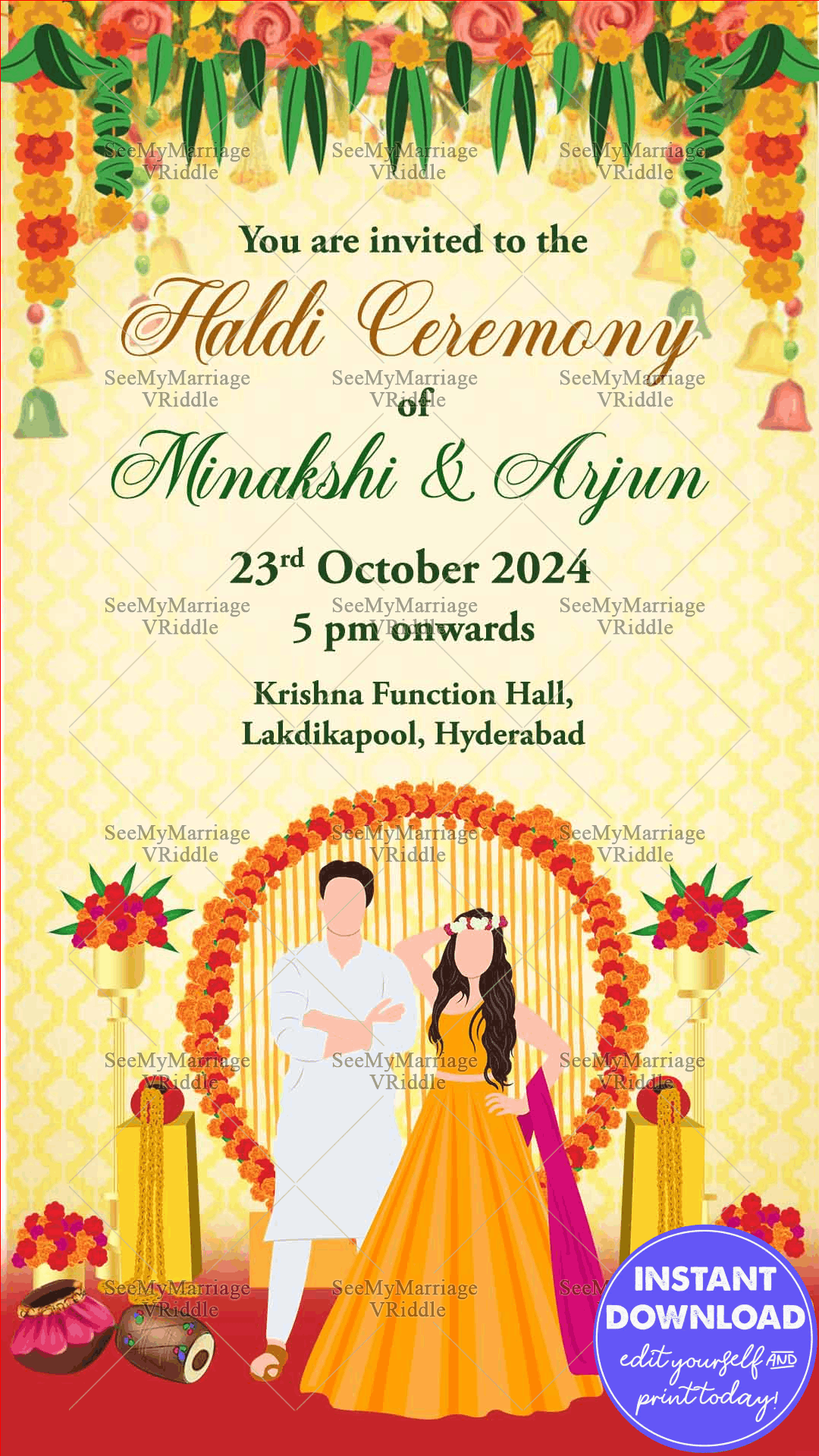 Grand Couple Haldi Ceremony Invitation Card Floral Decor Traditional Fun