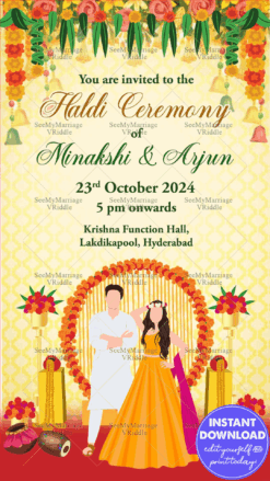 Grand Couple Haldi Ceremony Invitation Card Floral Decor Traditional Fun