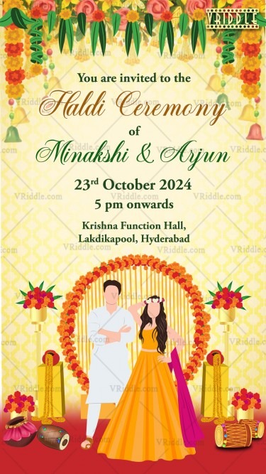 Grand Couple Haldi Ceremony Invitation Card Floral Decor Traditional Fun