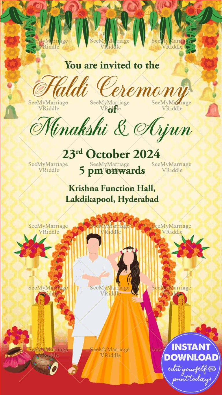 Grand Couple Haldi Ceremony Invitation Card Floral Decor Traditional Fun