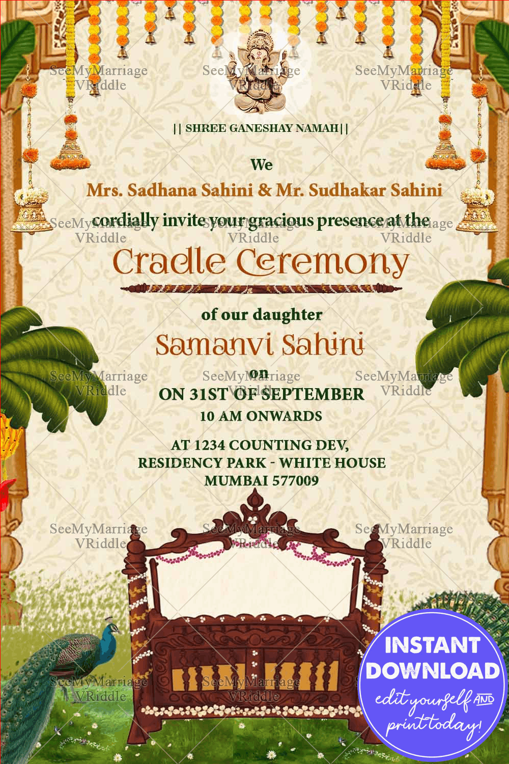 Grand Traditional Cradle Ceremony Invitation Card Peacocks Wooden Jhula