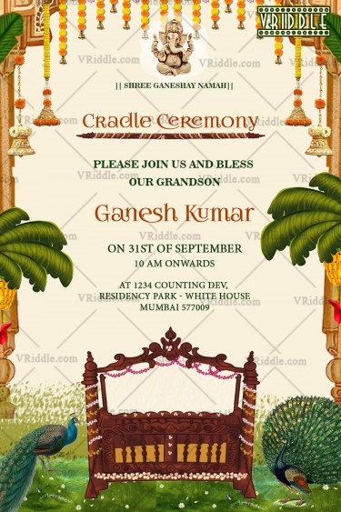 Grand Traditional Cradle Ceremony Invitation Card Peacocks Wooden Jhula