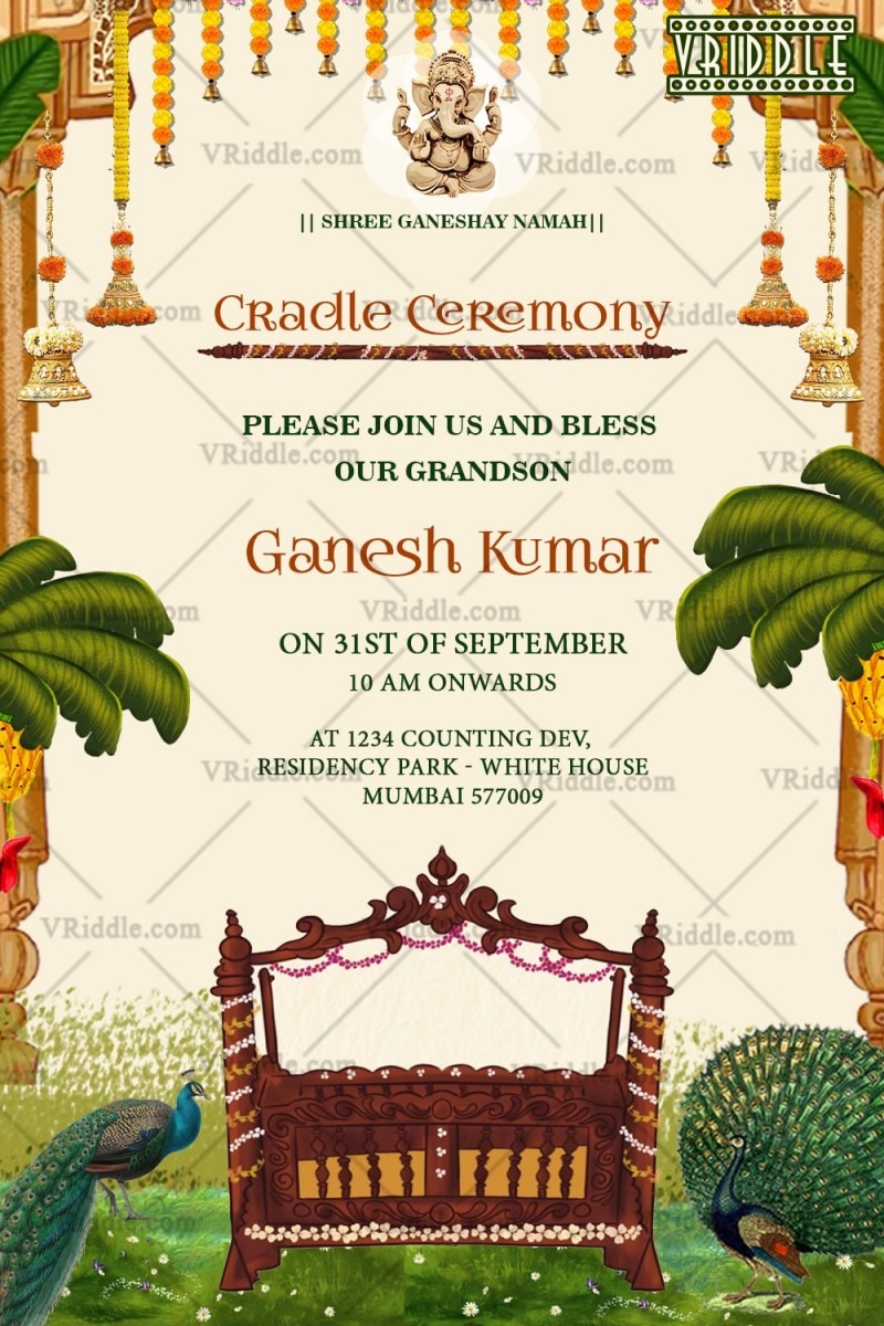 Grand Traditional Cradle Ceremony Invitation Card Peacocks Wooden Jhula ...