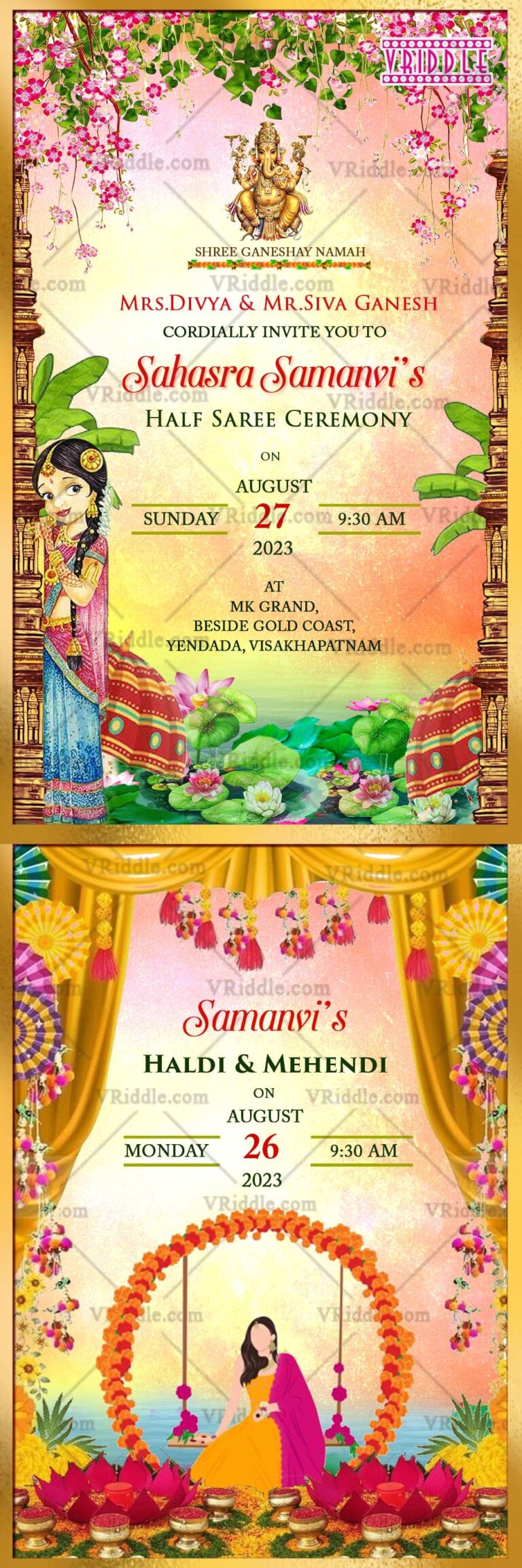 South Indian Half Saree Invitation with Haldi and Mehendi