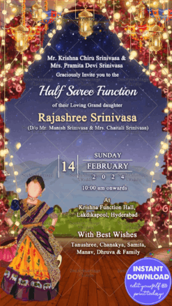 Illustrated Half Saree Ceremony Invitation Lighted Red Floral Arch