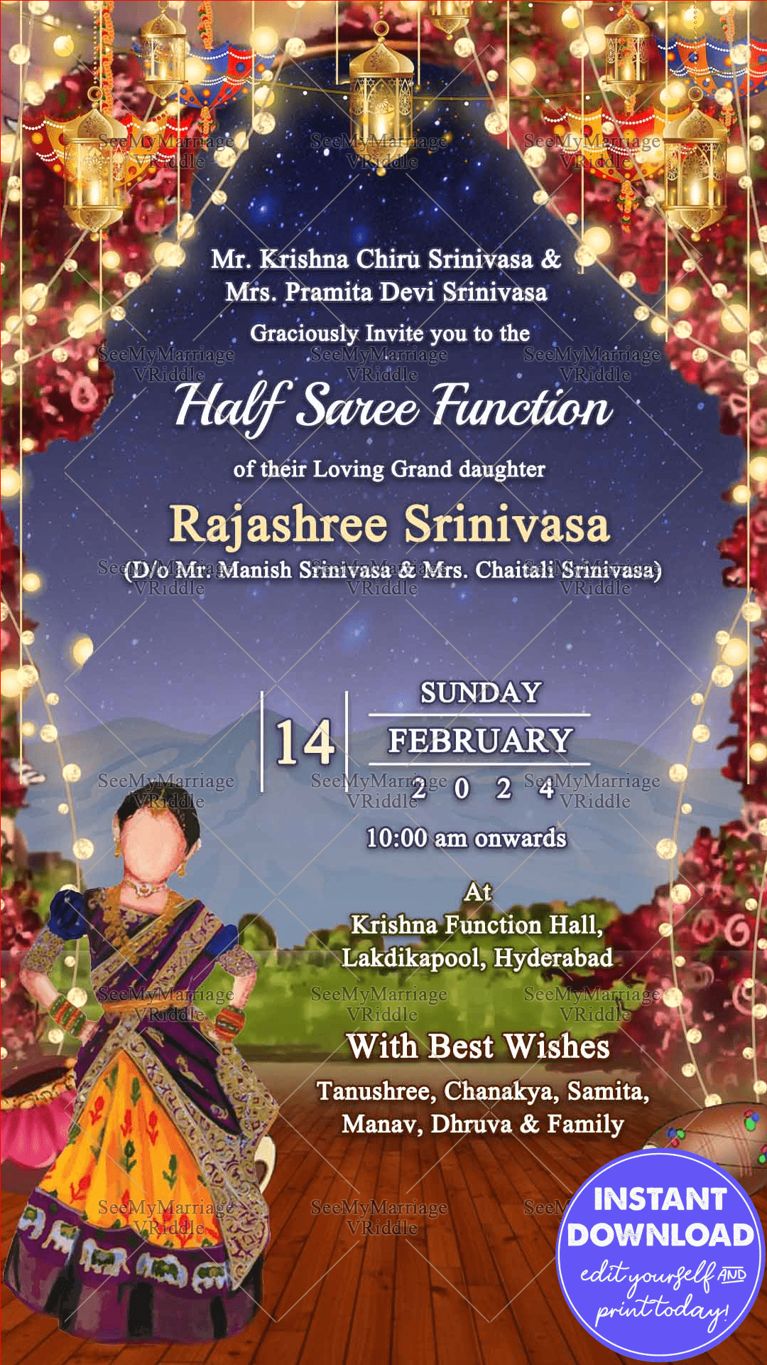 Illustrated Half Saree Ceremony Invitation Lighted Red Floral Arch