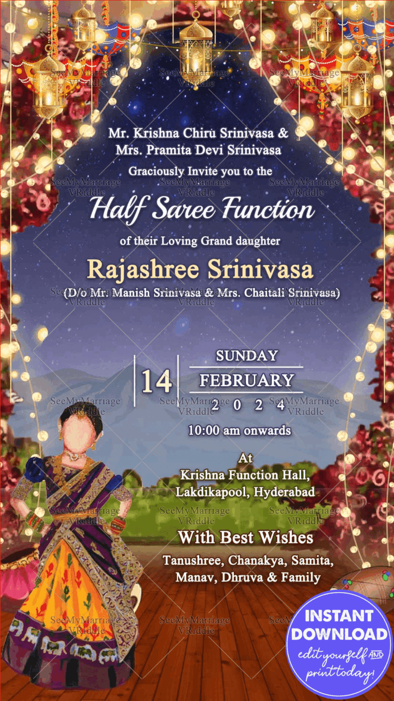Illustrated Half Saree Ceremony Invitation Lighted Red Floral Arch