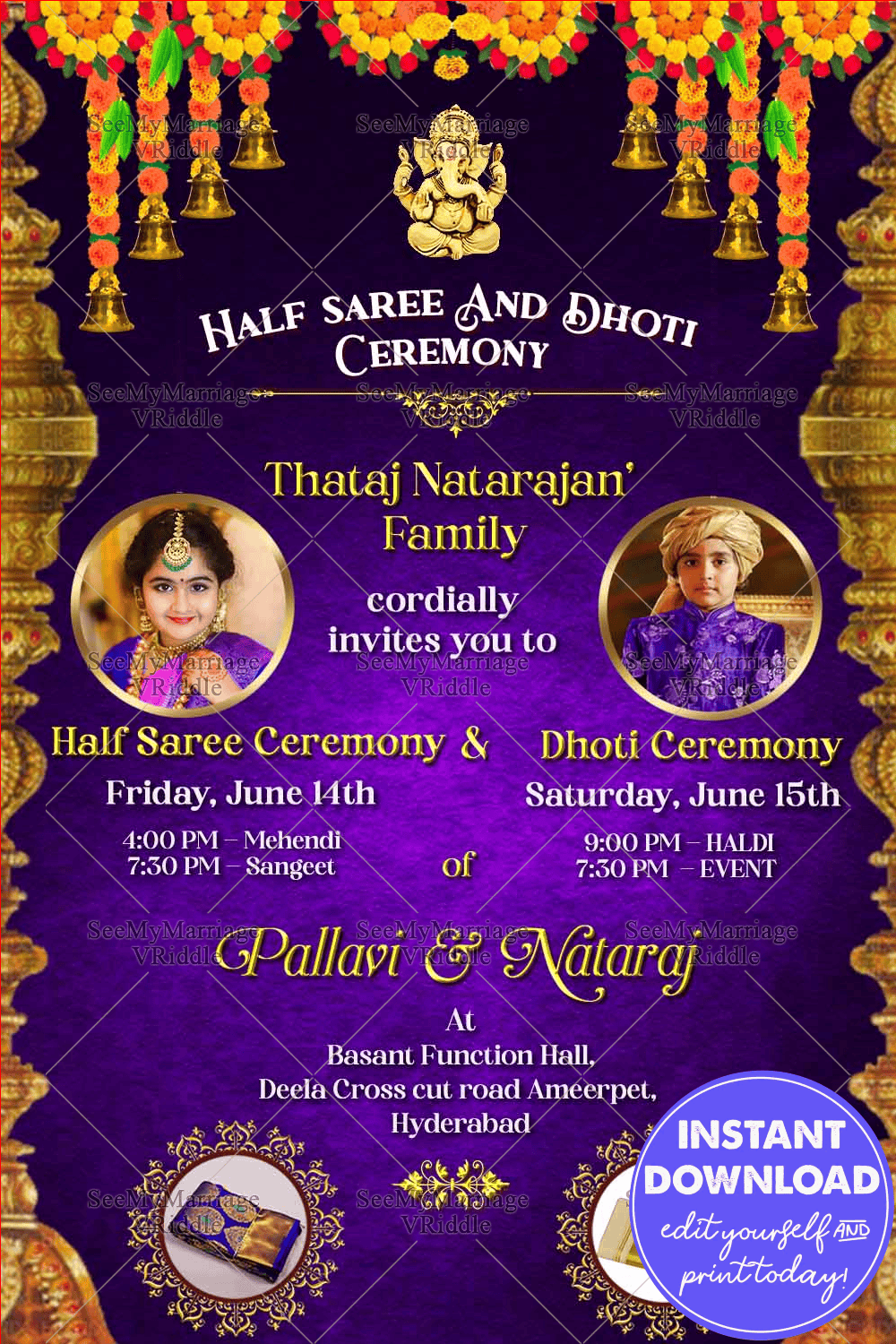 Indigo Half Saree Dhoti Invitation Card Add Photo Grand Golden Pillars