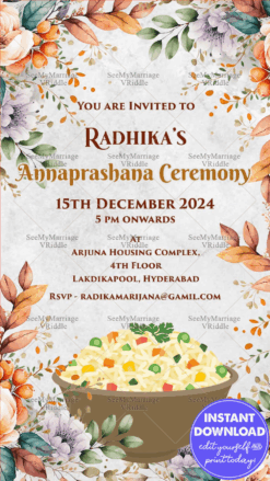 Modern Floral Theme Annaprashan Invitation Card Food Bowl Of Abundance